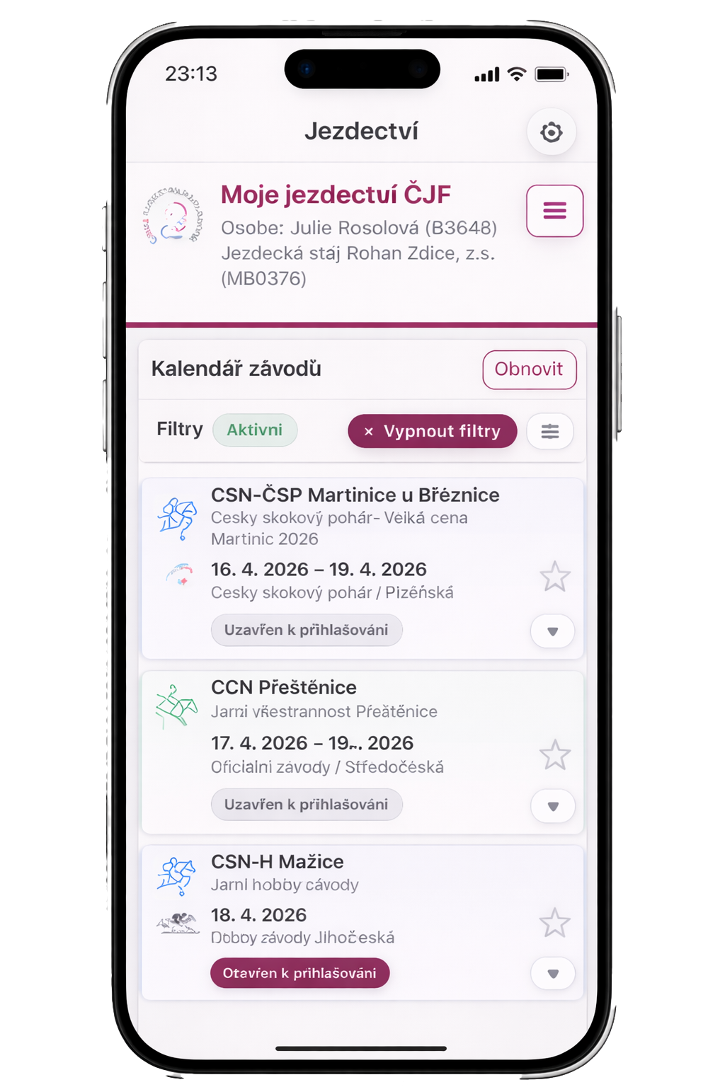 Mobilní aplikace Moje jezdectví ČJF