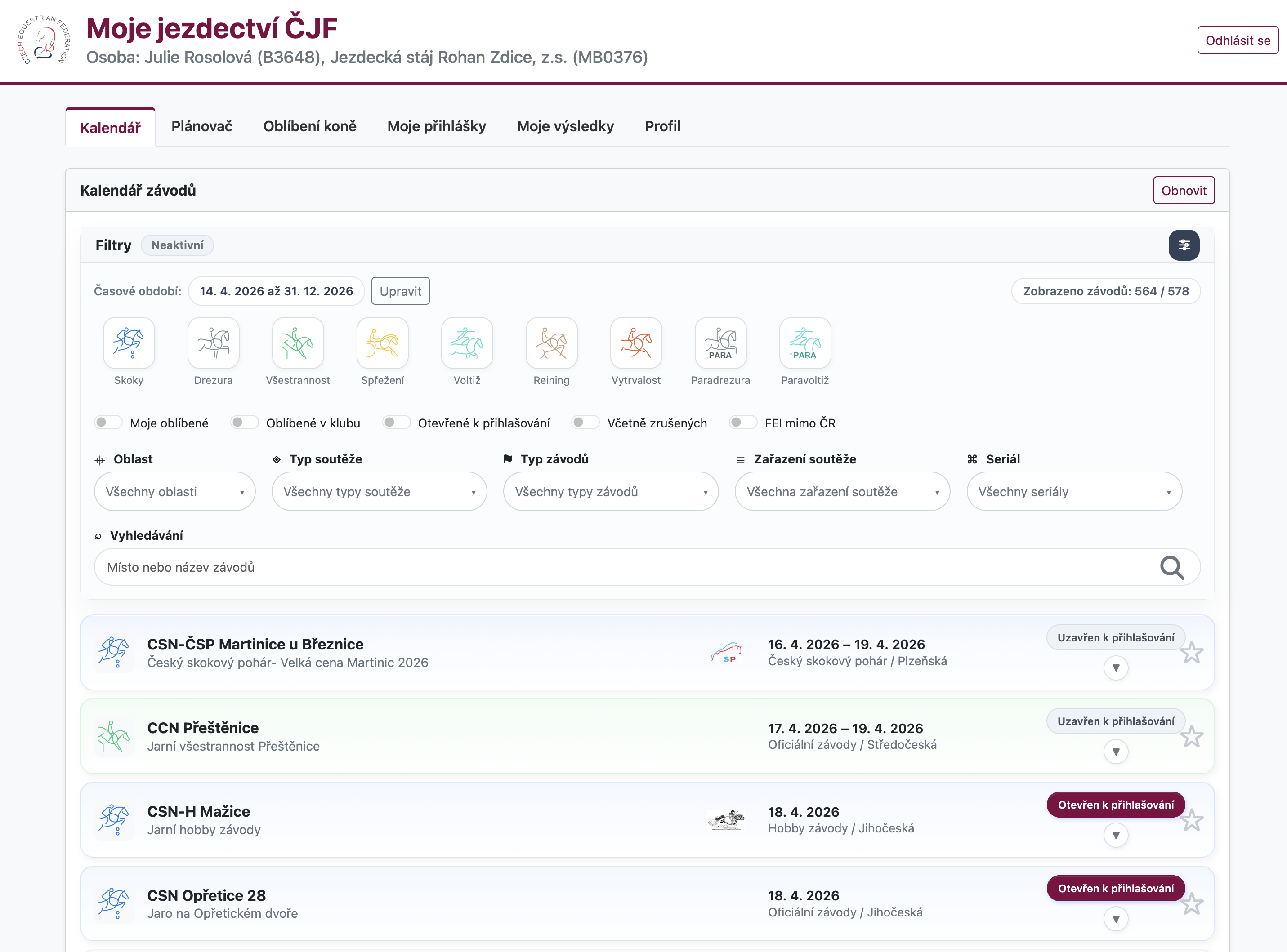 Kalendář závodů v portálu Moje jezdectví ČJF